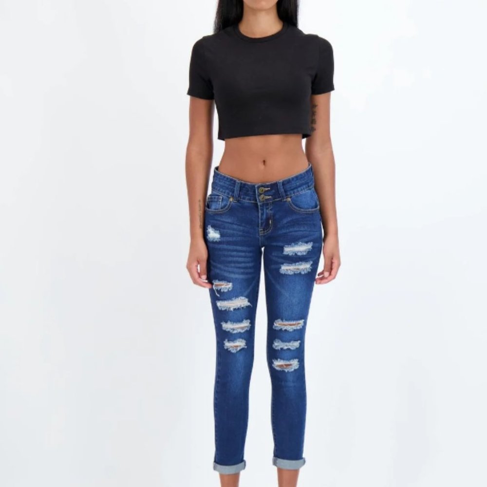Gogo Jeans High Waisted Medium Light Denim Distressed